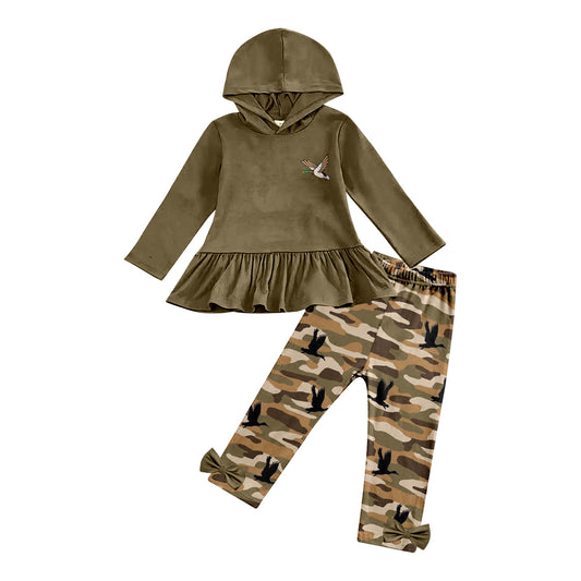 MOQ:5 Cute Green Camo Fall Winter Long Sleeve Wholesale Boutique Kid Clothes Sets