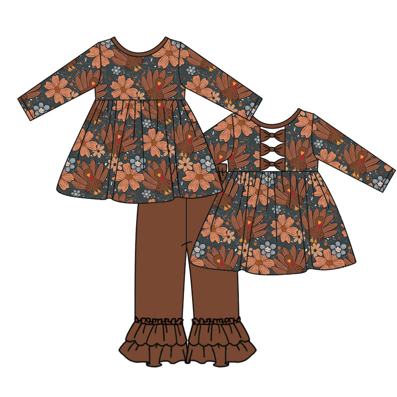 MOQ:5 Brown floral Children Long Sleeve Wholesale Boutique Kid Clothes Sets