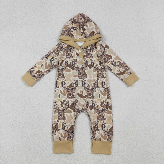 RTS Baby Boys Infant Long Sleeves Deer Camo Hunting Hoodie Buttons Romper