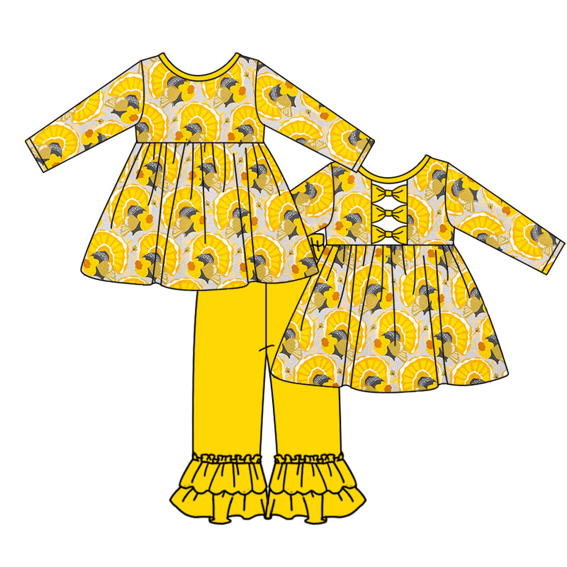 MOQ:5  Yellow Floral Children Long Sleeve Wholesale Boutique Kid Clothes Sets