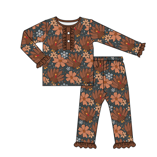 MOQ:5  Brown Floral Children Long Sleeve Wholesale Boutique Kid Clothes Sets