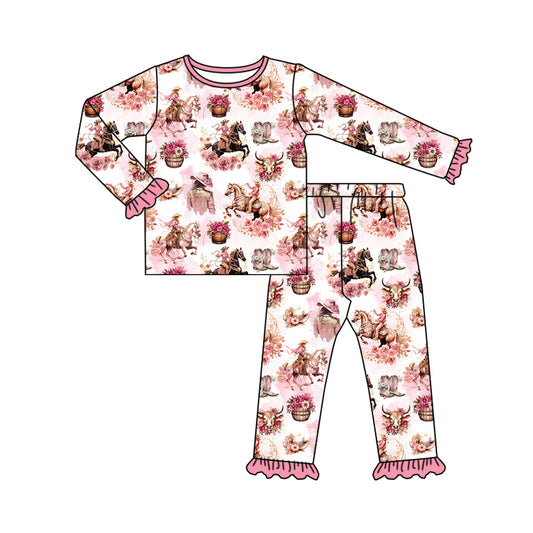 MOQ:5 Cute Floral Horse Kid Long Sleeve Wholesale Boutique Kid Clothing