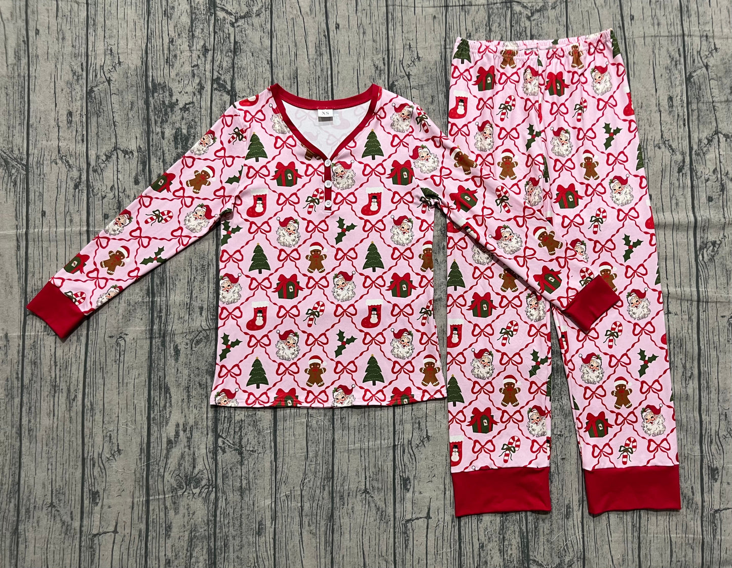 RTS Adult Woman Gingerbread Bows Santa Shirt Pants Christmas Pajamas Clothes Set