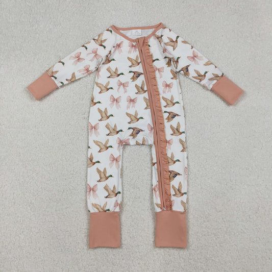 RTS Baby Girl Long Sleeves Ducks Pink Bows Zipper Pajamas Romper