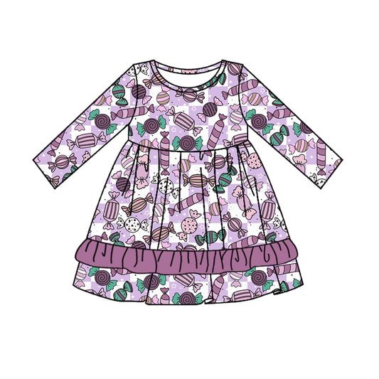 MOQ:5 Purple Cute Girls Long Sleeve Wholesale Boutique Kid Clothing Kid Dresses