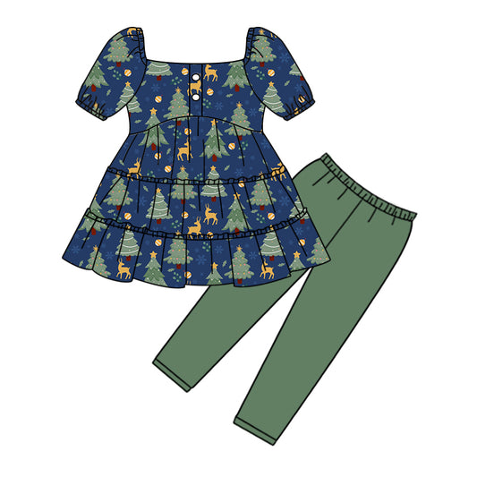 MOQ:5 Green Girls long Sleeve Wholesale Boutique Kid Clothing Set