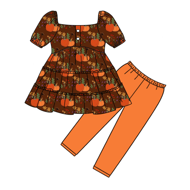 MOQ:5 Orange Girls long Sleeve Wholesale Boutique Kid Clothing Set