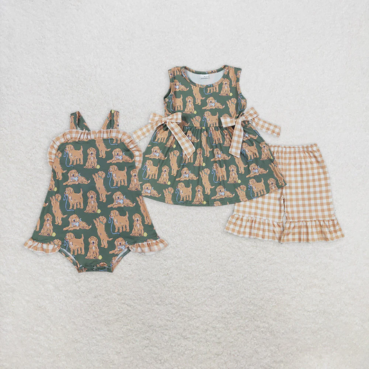 RTS NO MOQ Summer Sibling Baby Girls Green Sleeveless Dogs Bows Tunic Khaki Plaid Ruffle Shorts Sets Rompers