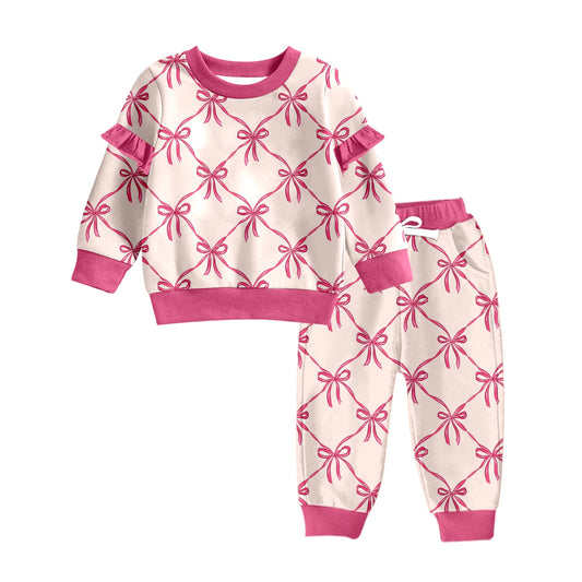 MOQ:5 Pink Bow Kid Long Sleeve Wholesale Boutique Kid Clothing Outfits