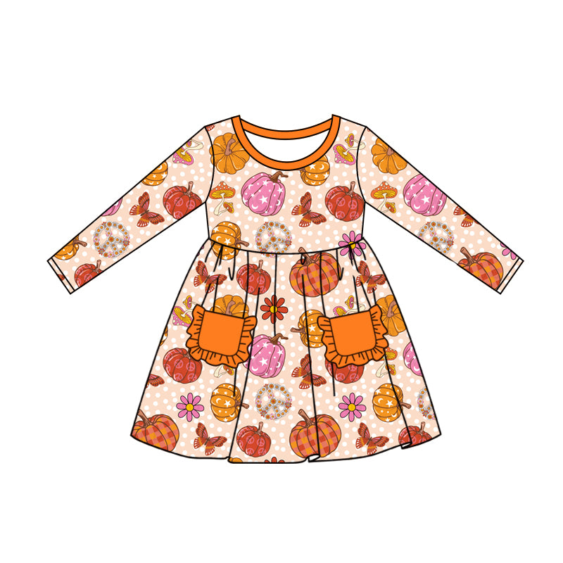 MOQ:5 Pumpkin Girl Long Sleeve Wholesale Boutique Kid Clothing Kid Dresses