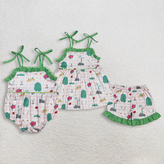 RTS Sibling Baby Girls Kids Straps Golf Plaid Summer Bubble Romper Set