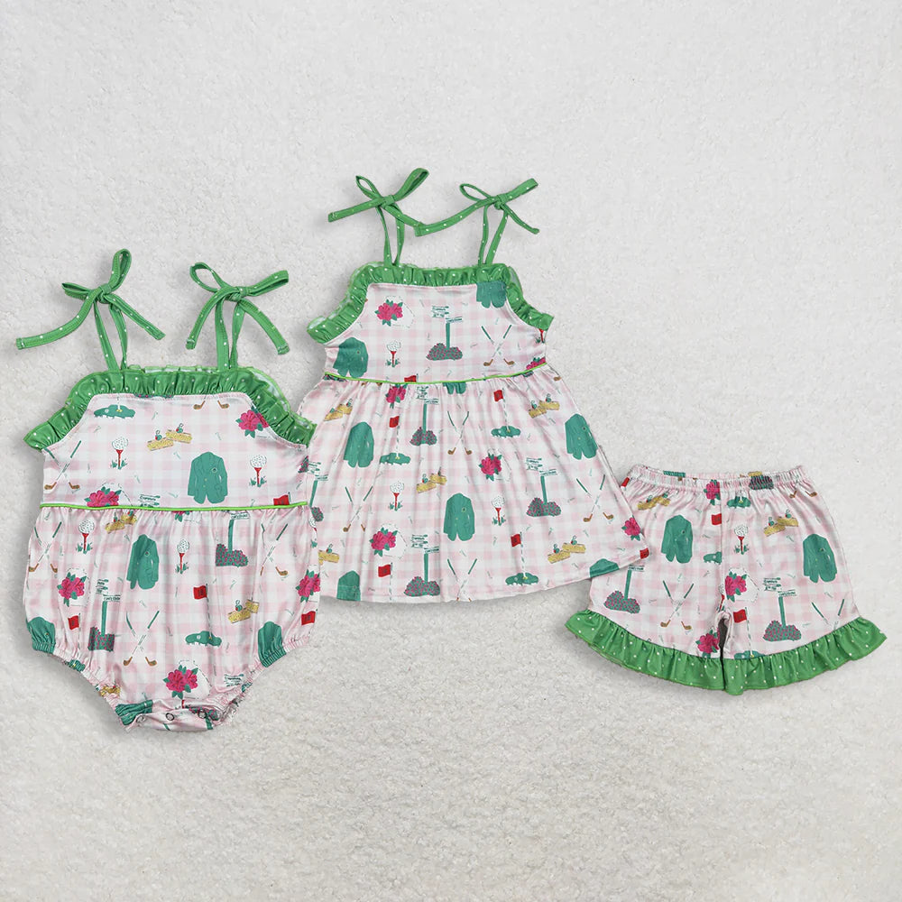 RTS Sibling Baby Girls Kids Straps Golf Plaid Summer Bubble Romper Set