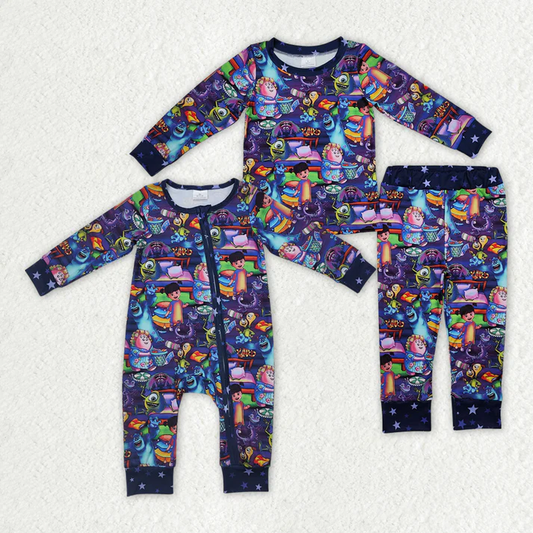 RTS NO MOQ Sibling Baby Girls Long Sleeve Monster Purple Rompers Pajamas