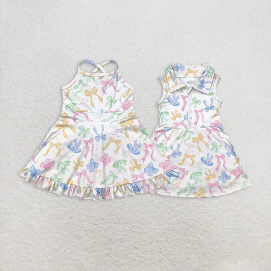 RTS NO MOQ Summer Sibling Baby Girls Colorful Bows Yoga Active Wear Skort Knee Length Dresses