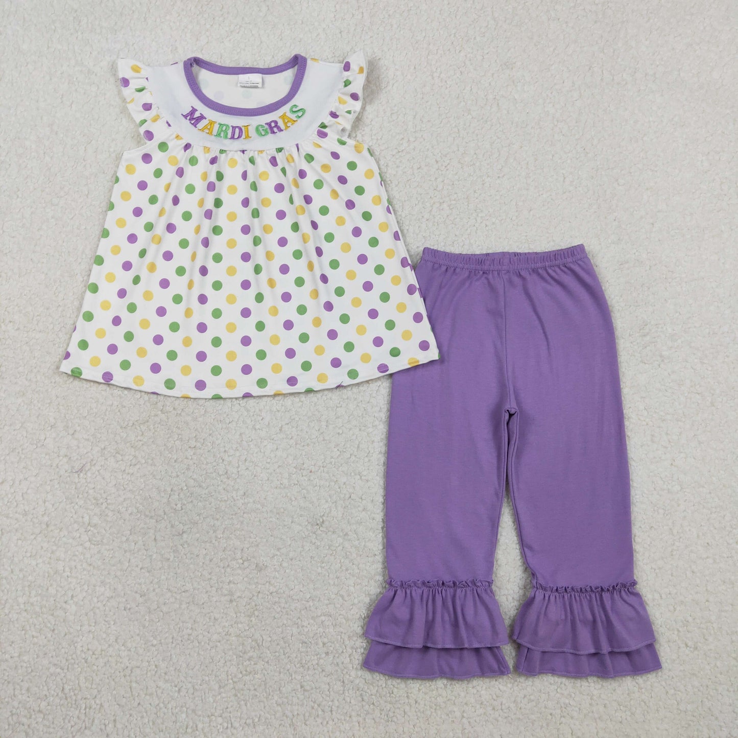 RTS Baby Girls Kids Short Sleeves Dots Embroidery Mardi Gras Tunic Purple Pants Set
