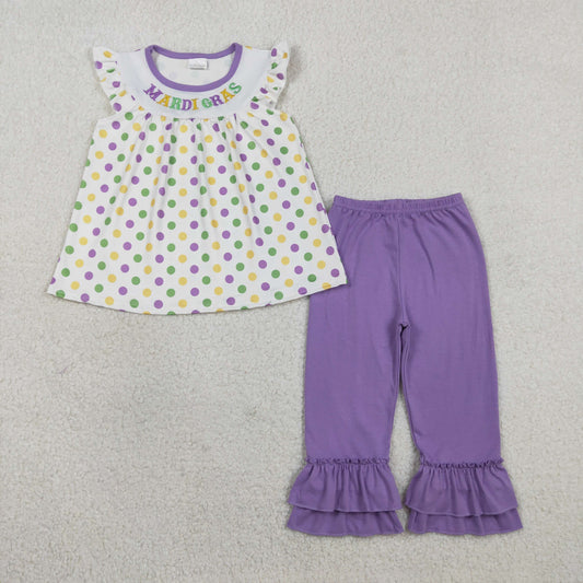 RTS Baby Girls Kids Short Sleeves Dots Embroidery Mardi Gras Tunic Purple Pants Set