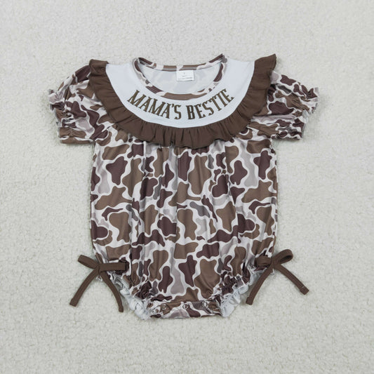 Baby Girls Kids Embroidery Smocked Mama's Bestie Brown Camo Bows Bubble Romper RTS