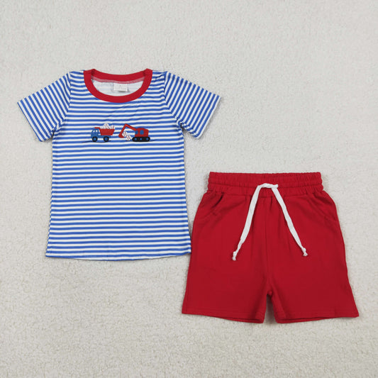 RTS Baby Boys Short Sleeves Embroidery Baseball Trucks Shirt Red Pockets Shorts Set