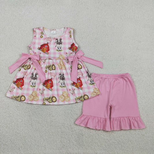 Baby Girls Sleeveless Farm Animals Plaid Tunic Pink Shorts Clothes Set RTS
