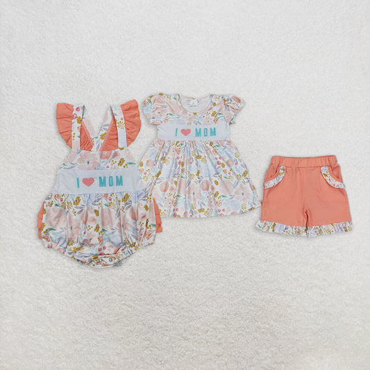 RTS NO MOQ Summer Sibling  Baby Girls Embroidery I LOVE MOM Rompers Summer Outfits