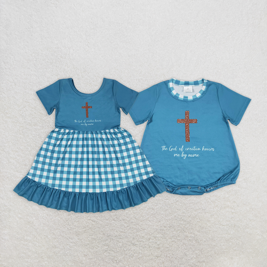 RTS NO MOQ Summer Sibling Baby Girls Cross Short Sleeve Rompers  Knee Length Dresses Sets