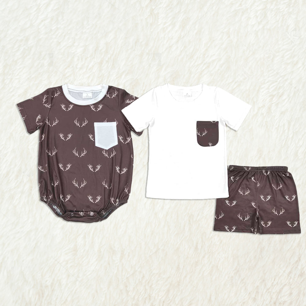5.24 RTS NO MOQ Summer Sibling Baby Boys Brother Deer Rompers Clothes Sets