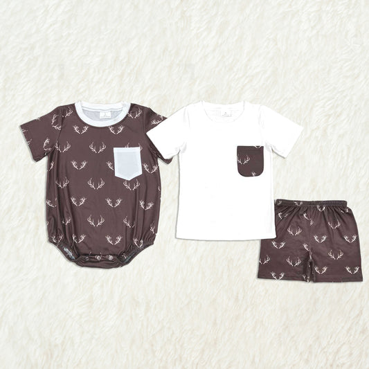 5.24 RTS NO MOQ Summer Sibling Baby Boys Brother Deer Rompers Clothes Sets