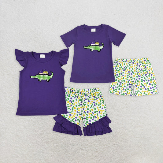 5.14 RTS NO MOQ Summer Sibling Baby Girls Boys Mardi Gras Crocodile Purple Shirt Shorts Outfits Clothing Sets