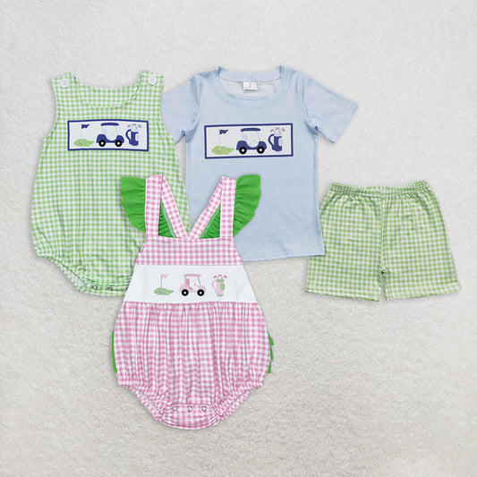 RTS NO MOQ Summer Sibling Boys Baby Girls Checkered  Rompers Shorts Clothes Sets