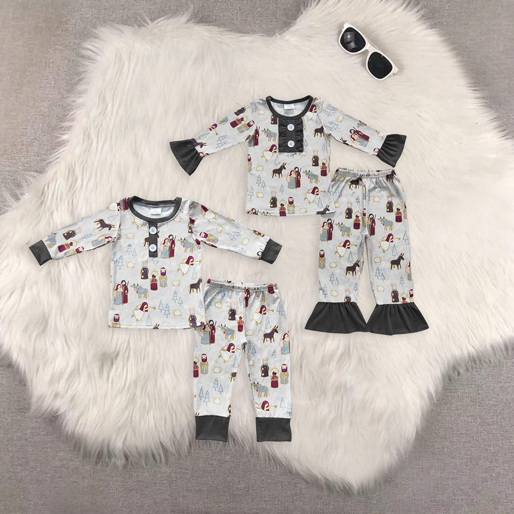 7.7 RTS NO MOQ Sibling Baby Kids Gray Christmas Nativity Pajamas Sets