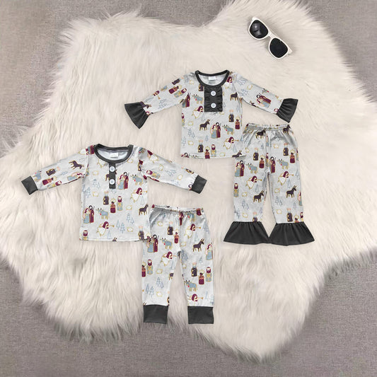 7.7 RTS NO MOQ Sibling Baby Kids Gray Christmas Nativity Pajamas Sets