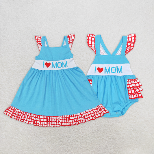 RTS NO MOQ Summer Sibling Baby Girls Toddler I Love Mom Flutter Sleeve Sibling Designs
