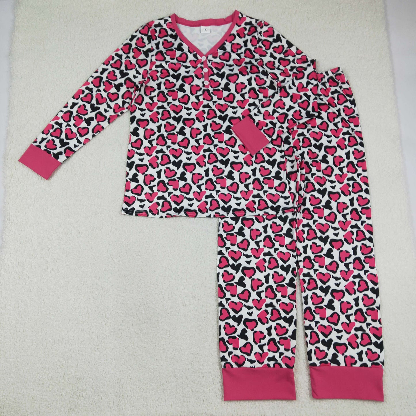 RTS Adult Women Long Sleeves Hearts Leopard Shirt Pants Valentines Pajamas Set