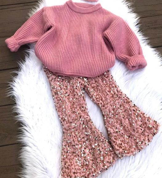 Kids Girls Pink Sweater and Sequin Pants Outfit