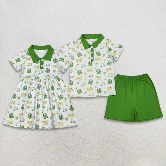 RTS Sibling Baby Boys Girls Short Sleeves Golf Buttons Green Knee Length Dress Set