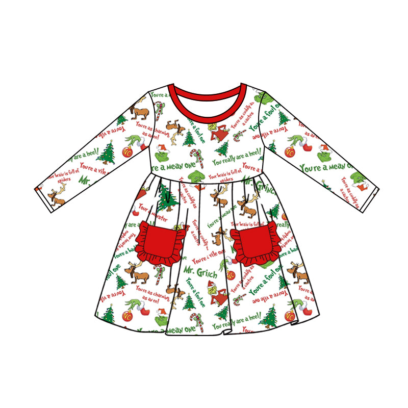 MOQ:5  Santa Girl Long Sleeve Wholesale Boutique Kid Clothing Kid Dresses