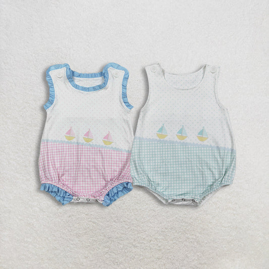 Sibling Baby Boys Girls Infant Sleeveless Boats Plaid Dots Summer Bubble Rompers RTS