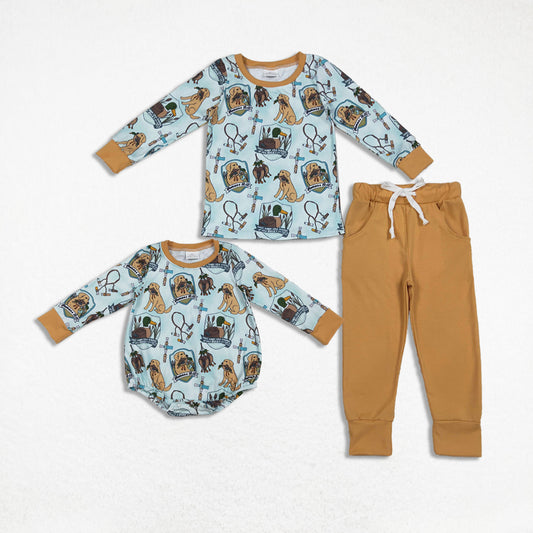 RTS Sibling Boys Kids Long Sleeves Dogs Ducks Hunting Romper Set