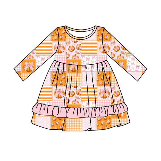 MOQ:5 Pumpkin Girls Long Sleeve Wholesale Boutique Kid Clothing Kid Dresses