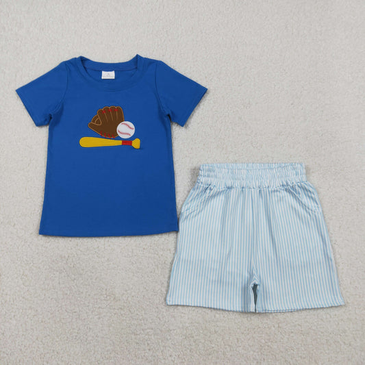 RTS Baby Boys Blue Short Sleeves Embroidery Baseball Shirt Stripes Pockets Shorts Set