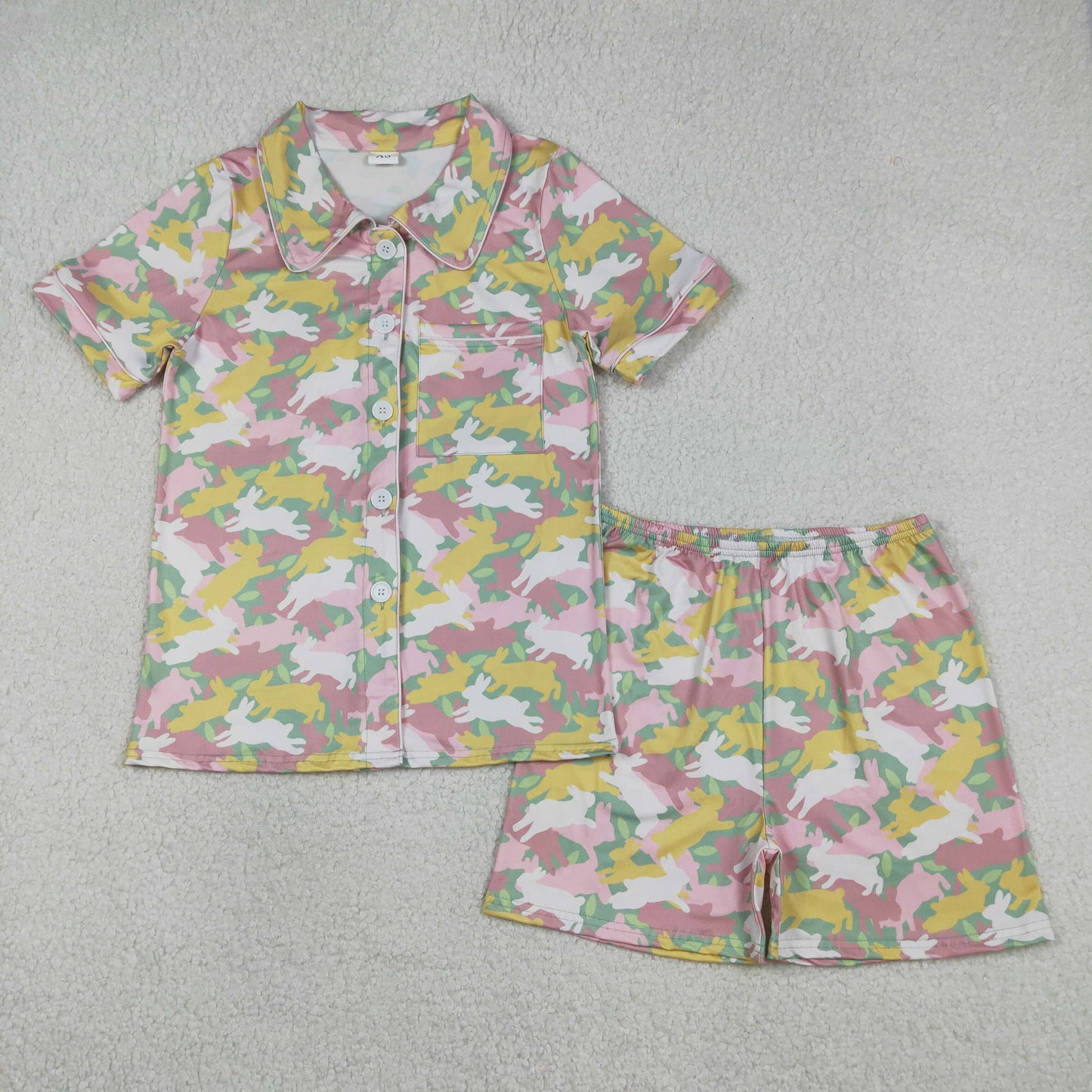 RTS Adult Women Short Sleeves Rabbits Camo Shirt Short Easter Pajamas Buttons Set