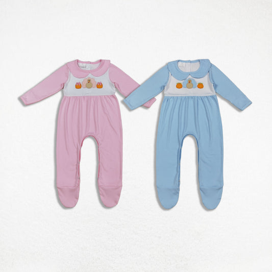 RTS Sibling Boys Girls Infant Long Sleeves Embroidery turkey Pumpkins Thanksgiving Footies Romper
