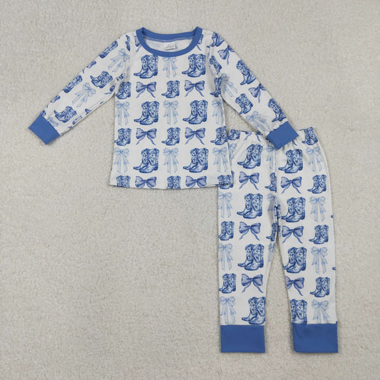 RTS Baby Girl Long Sleeves Blue Bows Boots Shirt Pants Western Pajamas Clothes Set
