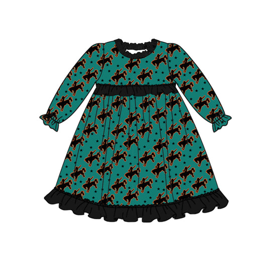 MOQ:5 Cute Green Girl Long Sleeve Wholesale Boutique Kid Clothing Kid Dress