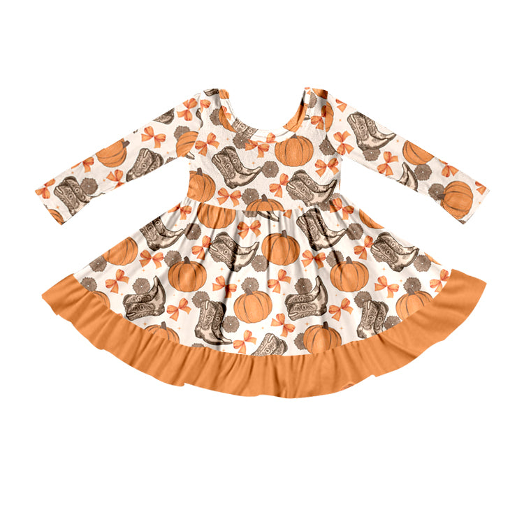 MOQ:5 OrangeCute Girl Long Sleeve Wholesale Boutique Kid Clothing Kid Dresses