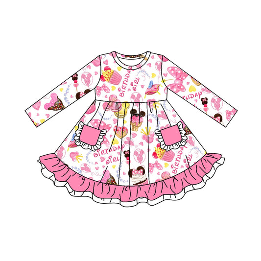 MOQ:5  Cute Pink Girl Long Sleeve Wholesale Boutique Kid Clothing Kid Dresses