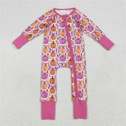 11.7  LR2270 Baby Girls Hot Pink Floral Pumpkins Footie Zipper Rompers
