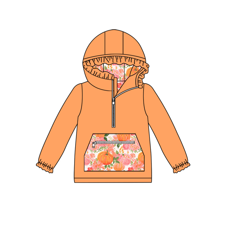 MOQ:5 Orange Cute Girls Ruffle Hooded Pocket Long Sleeve Tops