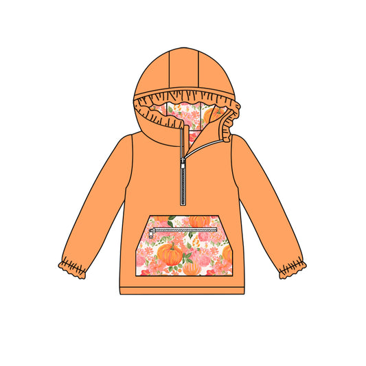 MOQ:5 Orange Cute Girls Ruffle Hooded Pocket Long Sleeve Tops