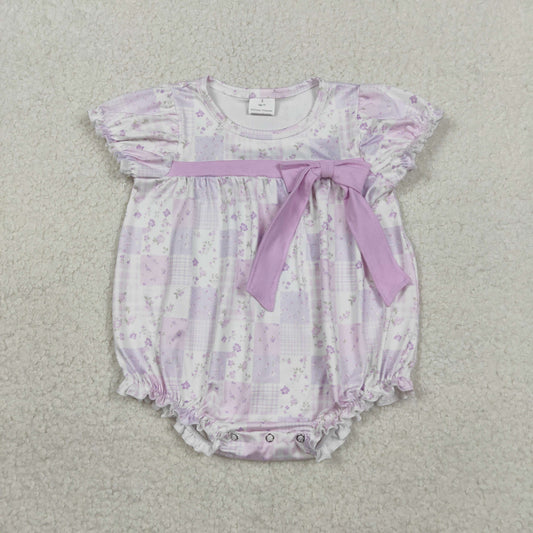 Baby Girls Kids Short Sleeves Flower Plaid Bows Lavender Summer Romper RTS